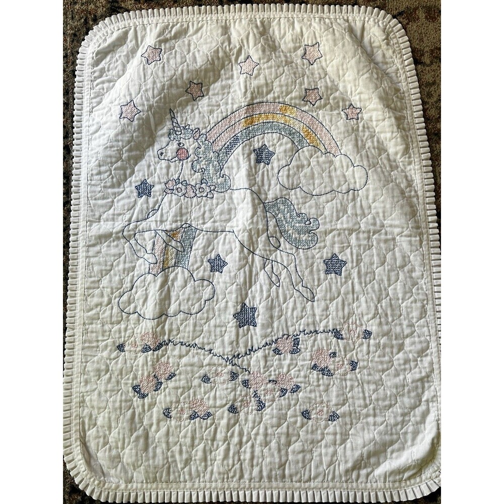 VIntage Baby Quilt Handmade Cross Stitch Unicorn Rainbow Floral Stars Clouds